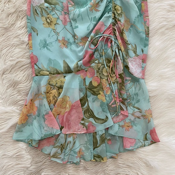 Eliza J Min Blue Pink Floral Sleeveless V-Neck Faux Wrap Front Ruffle Midi Dress - Picture 4 of 13